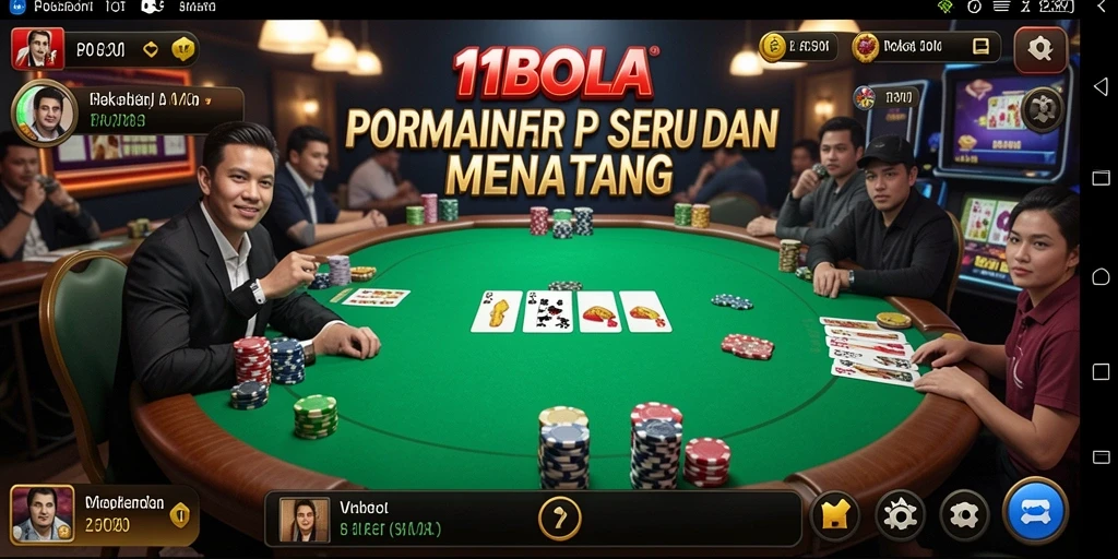 Tampilan antarmuka 11BOLA yang menarik dan gameplay Poker yang mendebarkan.