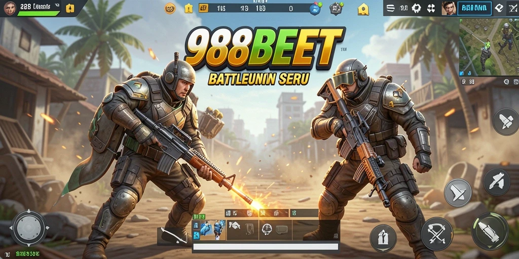 Screenshot utama 988BET menampilkan aksi pertempuran seru dalam game Battle Royale.