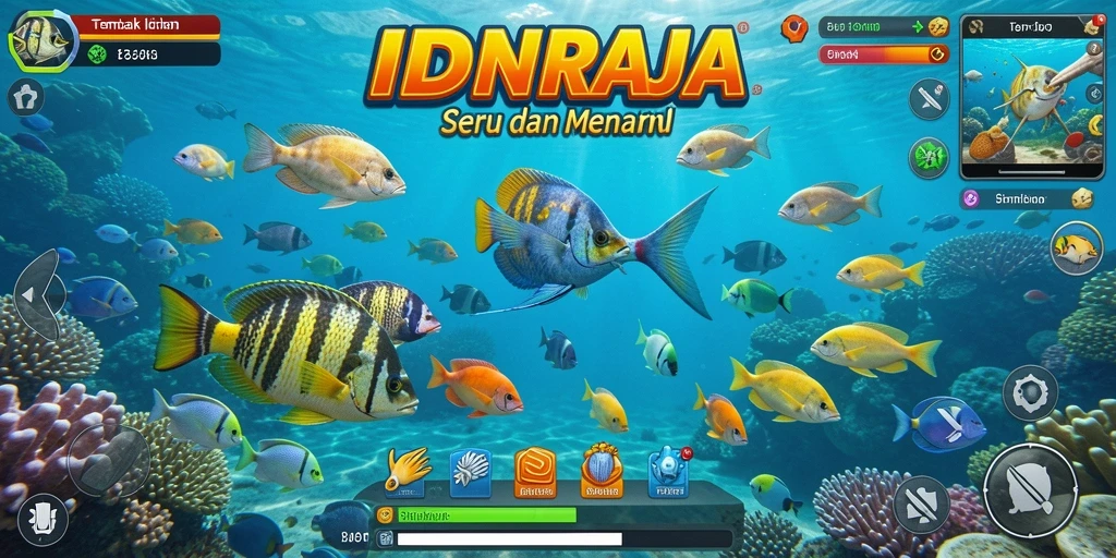 Screenshot utama IDNRAJA menampilkan aksi seru menembak ikan.