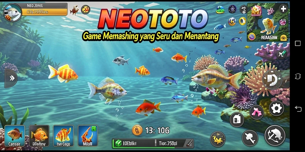 Tampilan gameplay NEOTOTO yang menarik saat memancing di laut.