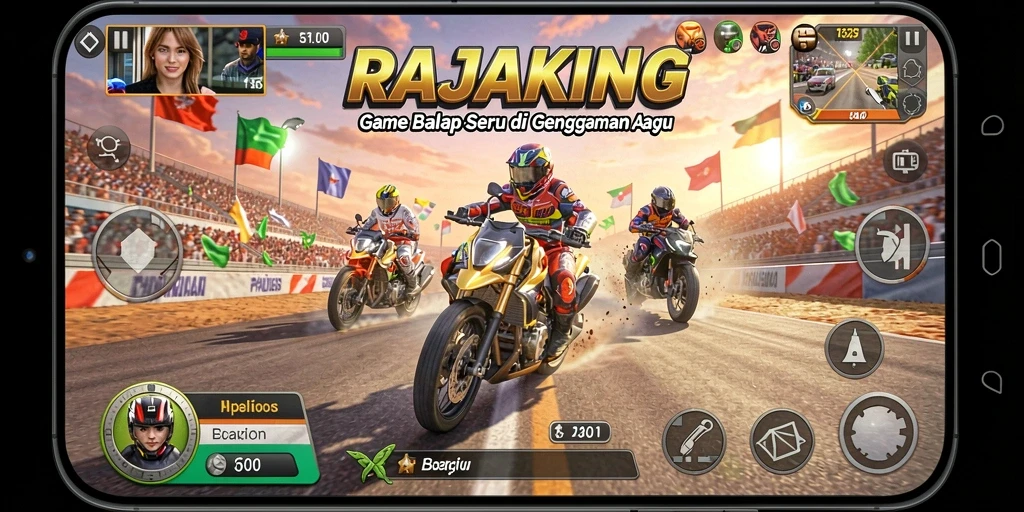 Screenshot utama RAJAKING menampilkan aksi balap yang mendebarkan.