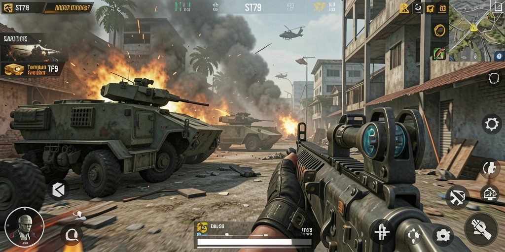 Tampilan gameplay seru dalam ST789 menampilkan aksi tembak-menembak yang intens.