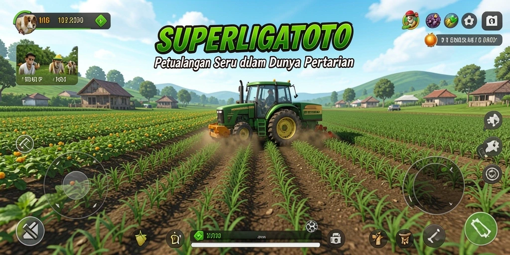 Screenshot gameplay <strong>SUPERLIGATOTO</strong> menunjukkan ladang pertanian yang ramai dan berwarna-warni.